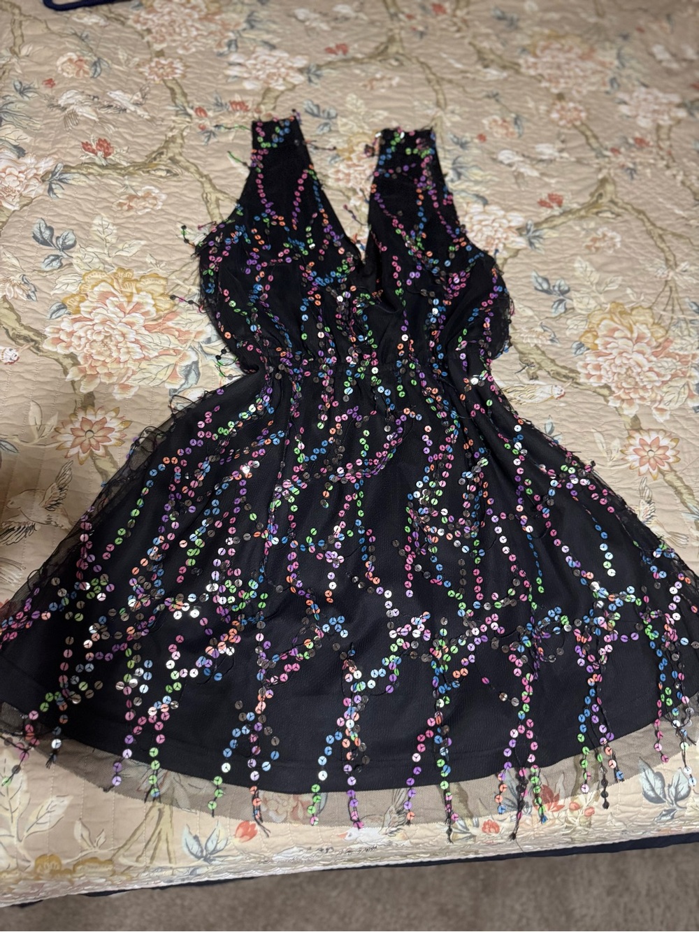 Black Sequin Cocktail Dress with Multicolor Accents